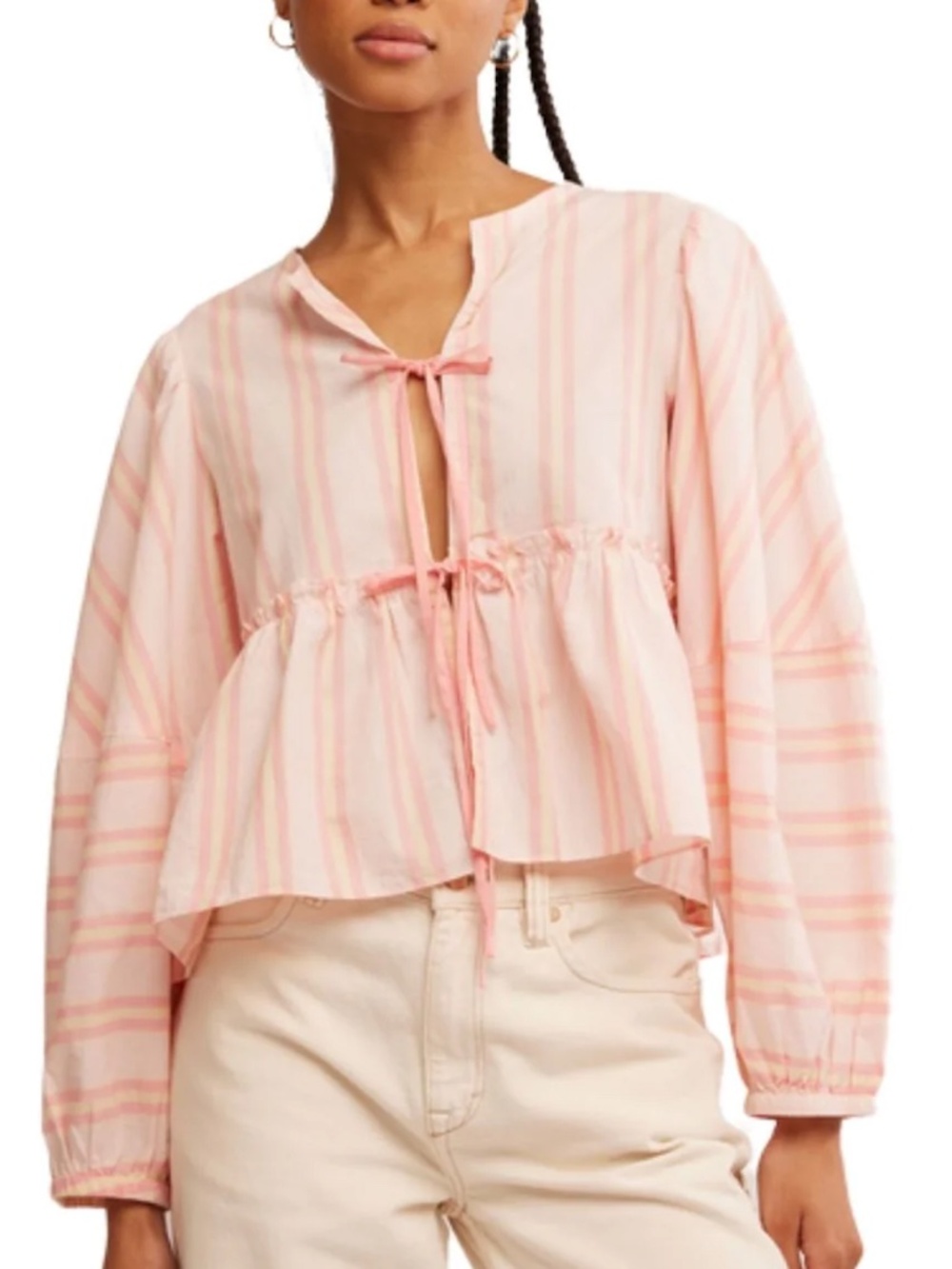FREE PEOPLE BRUNCH BABE TOP IN PINK AND YELLOW STRIPE